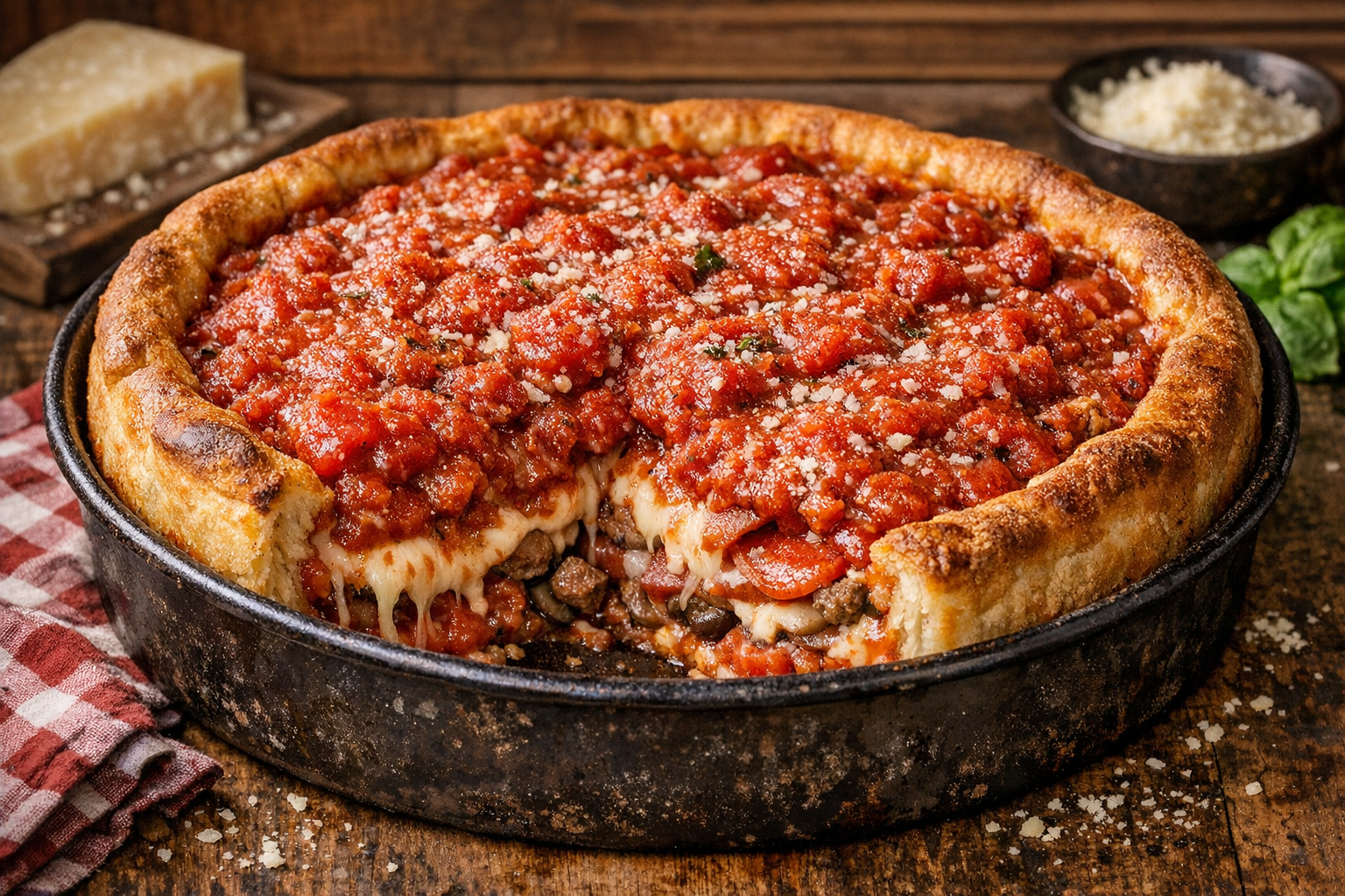 Chicago deep dish pizza with thick crust and layers of toppings