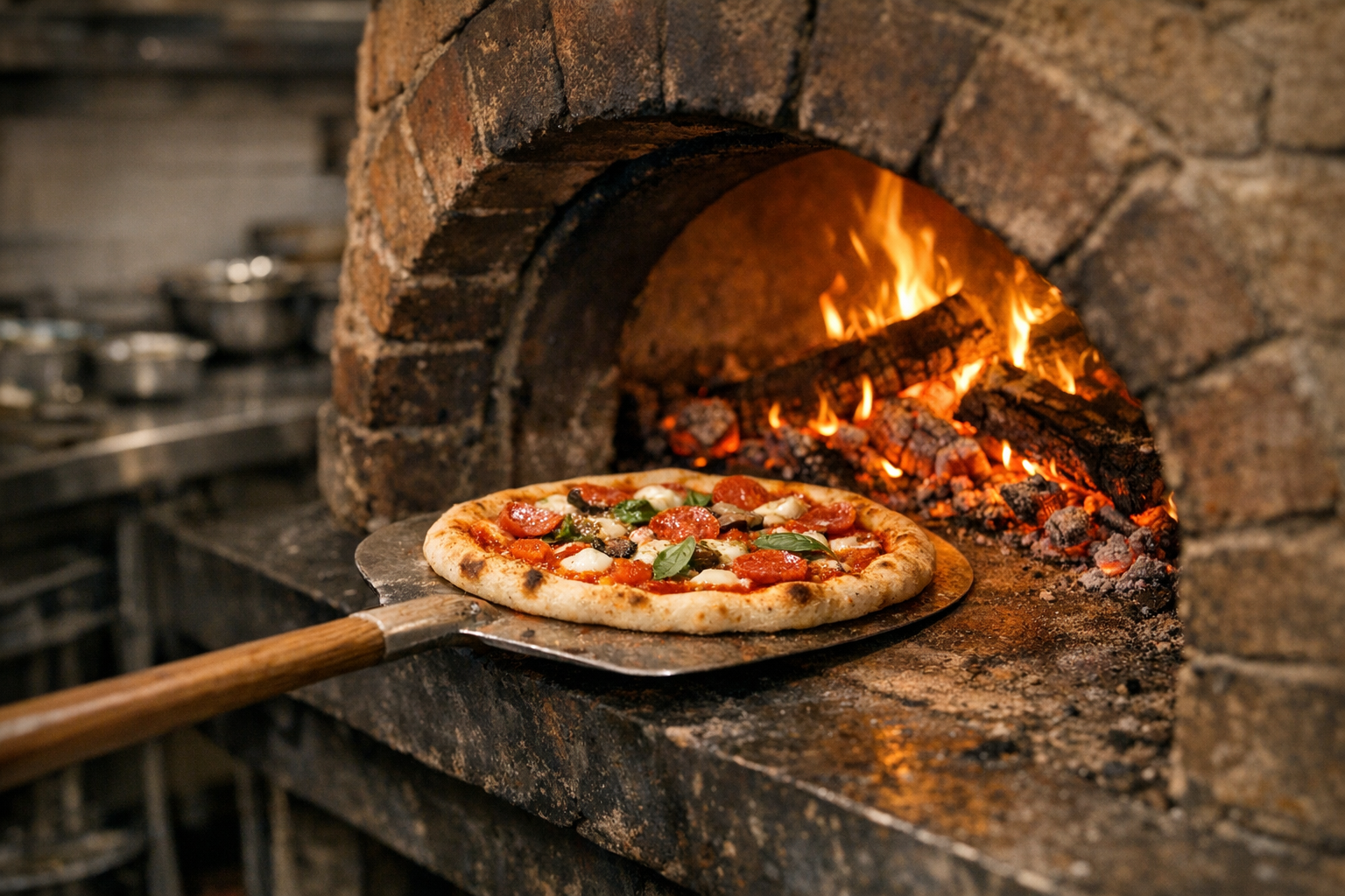 Pizza being placed into a brick oven with a wooden peel