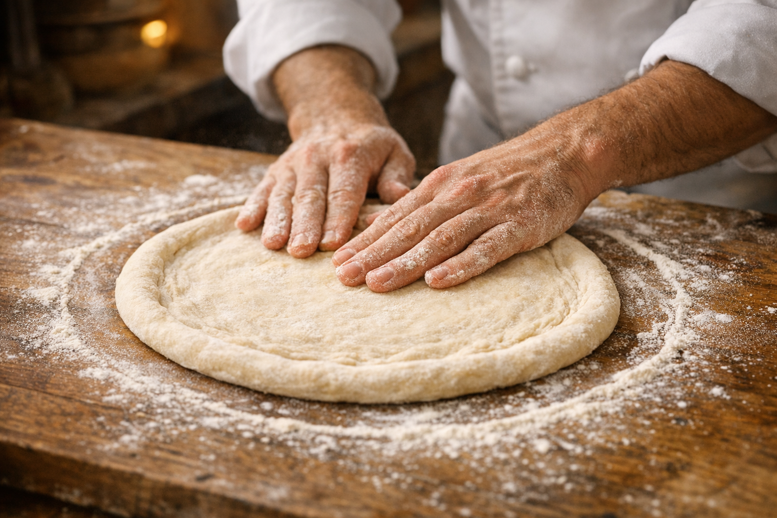 Chef's hands stretching and shaping pizza dough