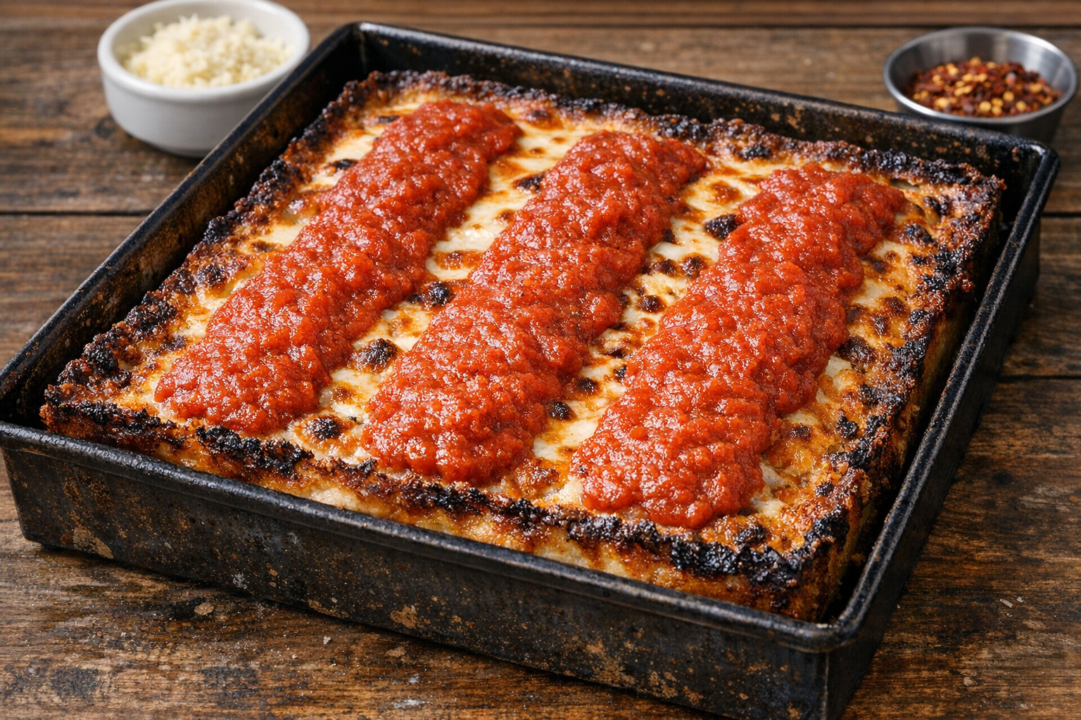 Detroit style pizza with rectangular shape and crispy cheese edges