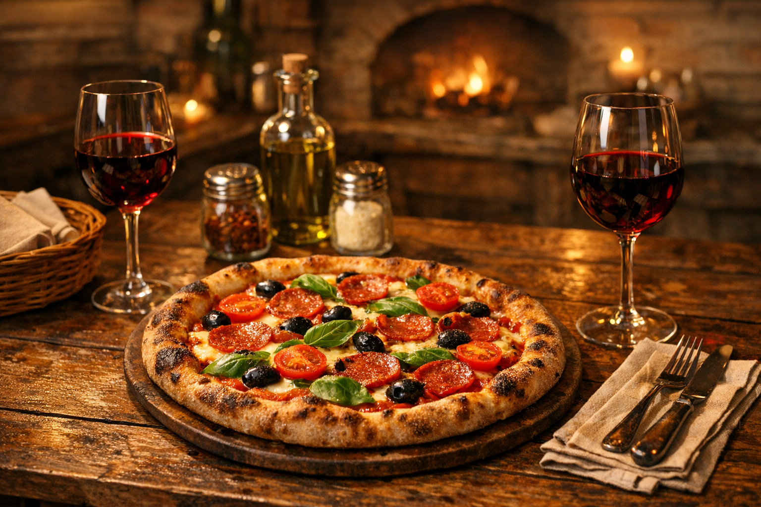 Rustic table with pizza